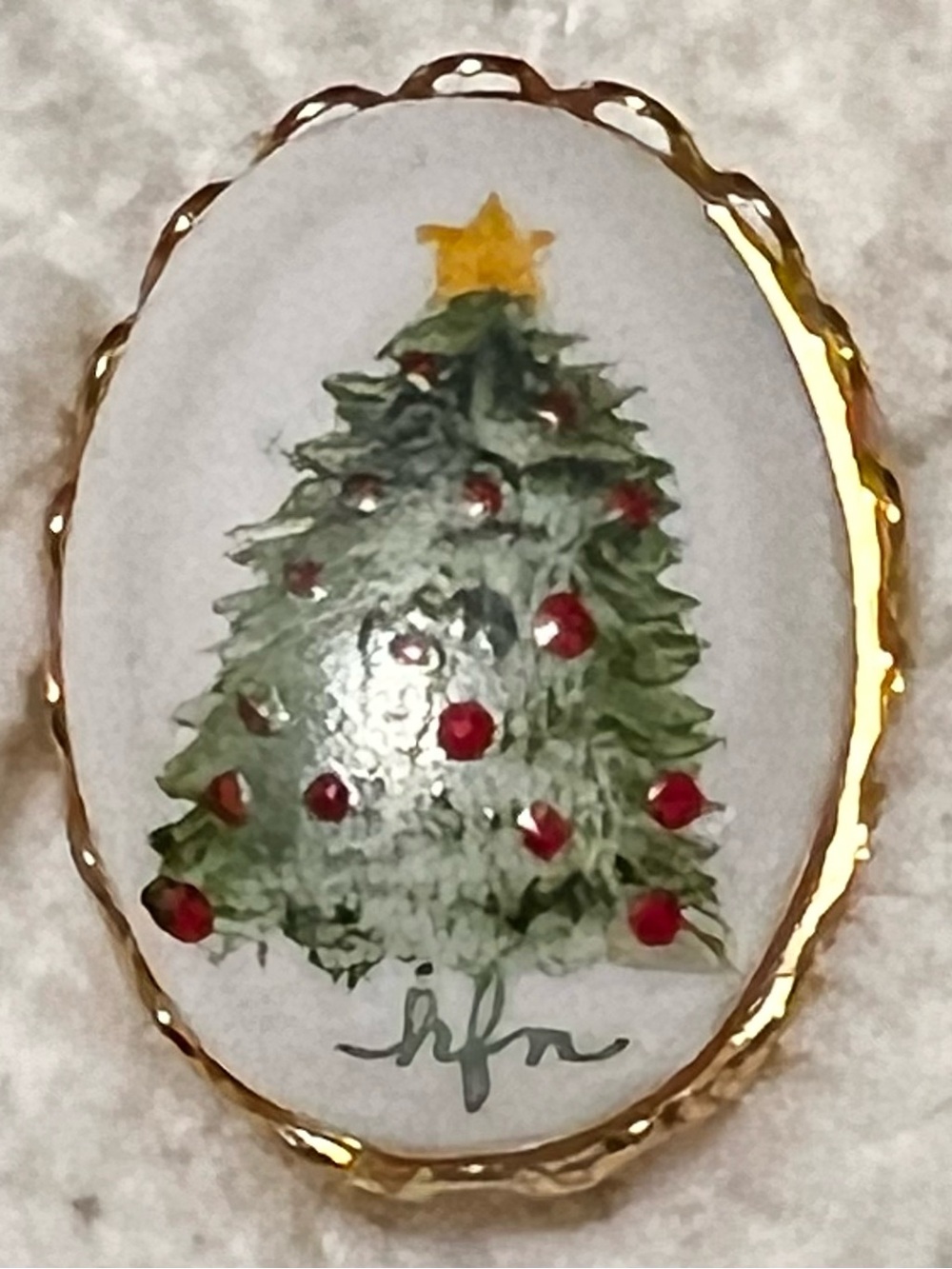 Hand painted porcelain Christmas Tree by hfn with Red Accents - Holiday Pin